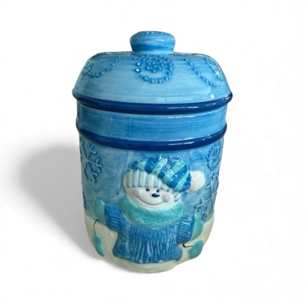 Christmas Houston Harvest Ceramic Jar Blue Let it Snow Holiday snowman - Picture 1 of 8